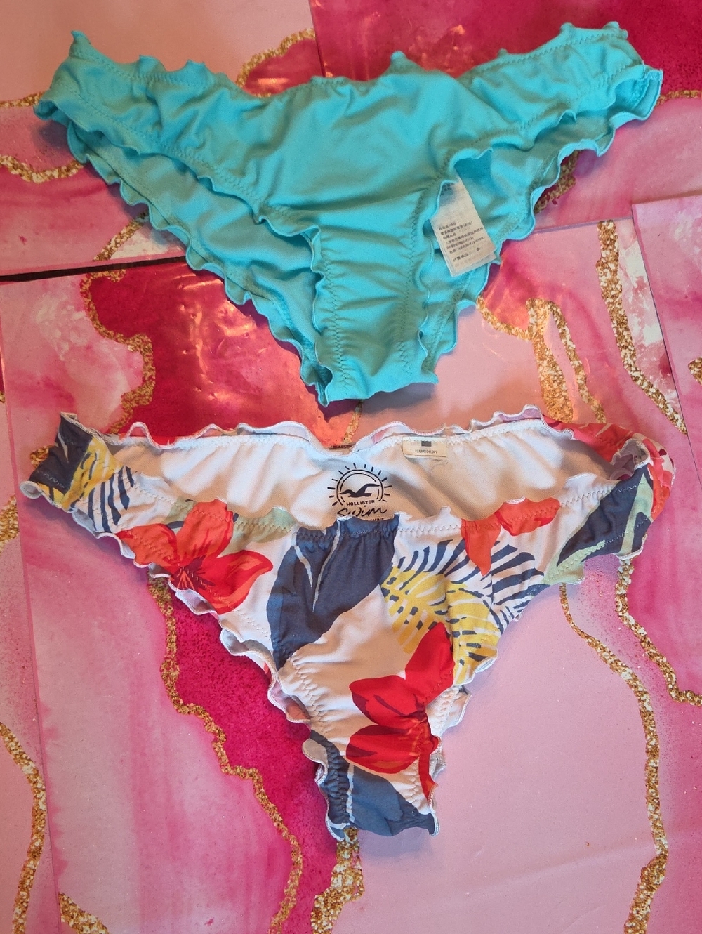Hollister Turquoise Bikini Bottom + White Floral Bikini Bottom